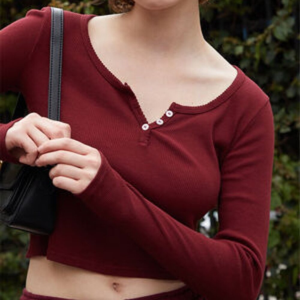 John Galt/Brandy Melville Cropped Burgundy Long Sleeve Top with Buttons